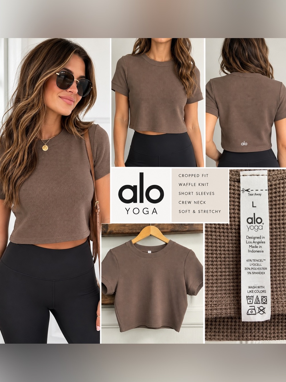 ALO Yoga Brown Waffle Knit Cropped Short Sleeve Top Size L